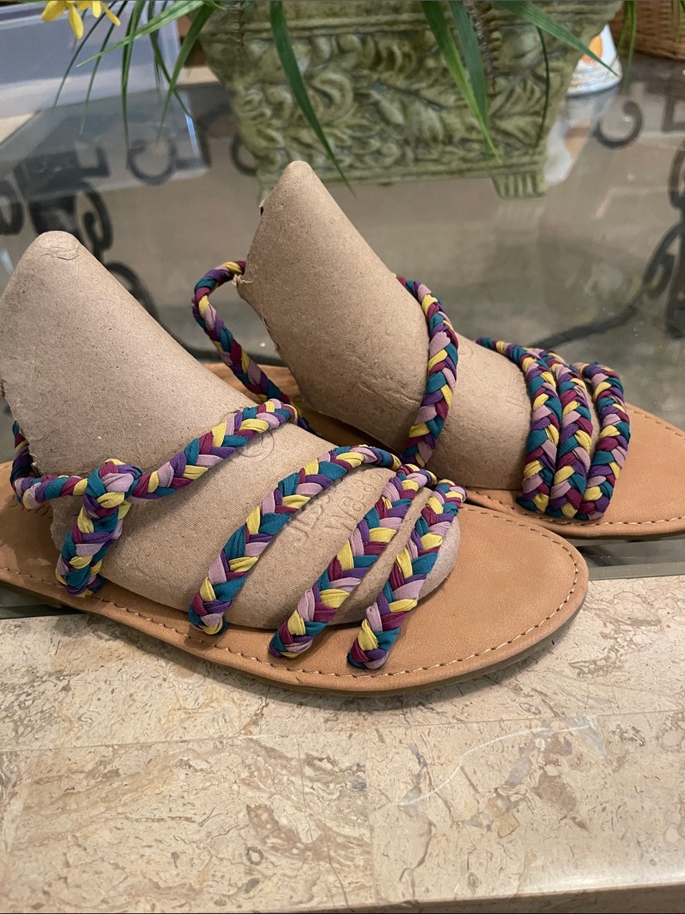 BAMBOO Multicolor Braided Strappy Sandals - Purple, Yellow, Blue, Green